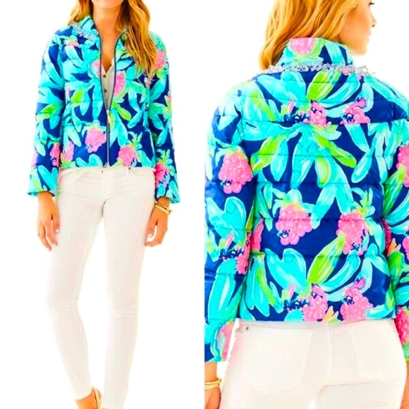 NWT Lilly Pulitzer RARE Embellished Puffer Jacket Ikat Blue Island Exotic NICE!! - Picture 4 of 6